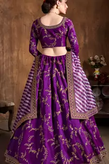 Purple Embroidered Silk Semi Stitched Lehenga With Dupatta