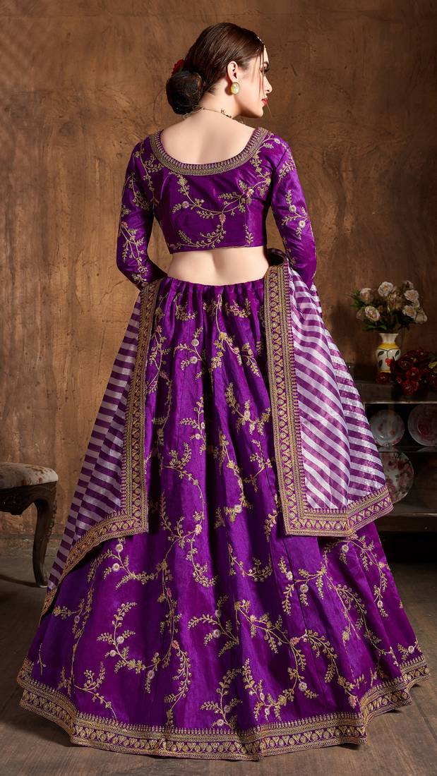 Purple Embroidered Silk Semi Stitched Lehenga With Dupatta