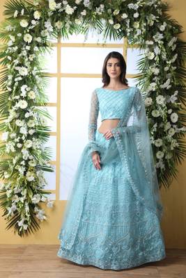 Sky-Blue Embroidered Net Semi Stitched Lehenga 1