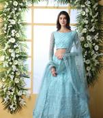 Sky-Blue Embroidered Net Semi Stitched Lehenga