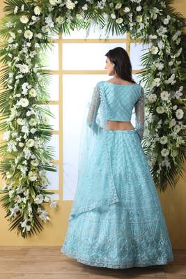 Sky-Blue Embroidered Net Semi Stitched Lehenga 2