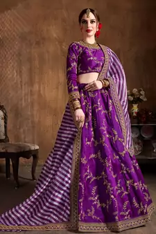 Purple Embroidered Silk Semi Stitched Lehenga With Dupatta