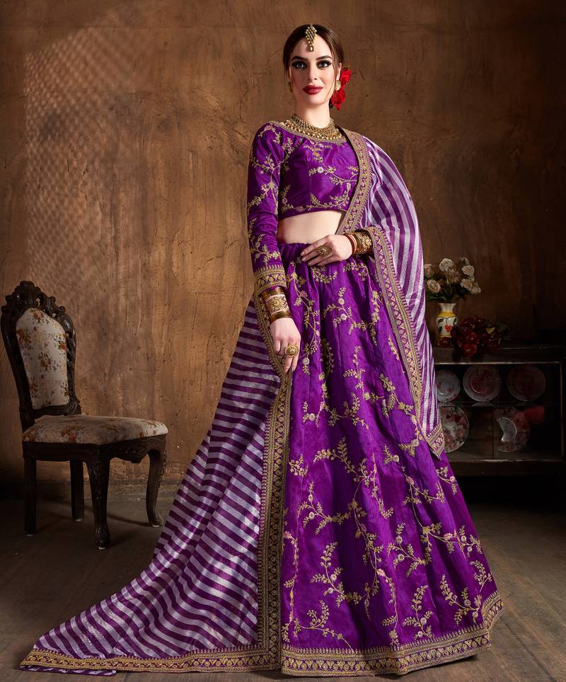 Purple Embroidered Silk Semi Stitched Lehenga With Dupatta