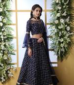 Navy-Blue Embroidered Net Semi Stitched Lehenga