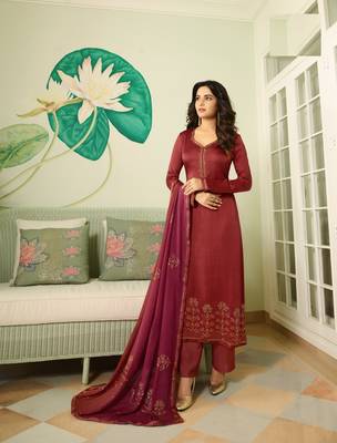 Maroon Embroidered Georgette Semi Stitched Salwar With Dupatta 1