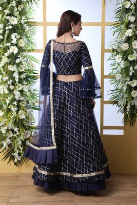 Navy-Blue Embroidered Net Semi Stitched Lehenga 2