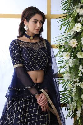 Navy-Blue Embroidered Net Semi Stitched Lehenga 3