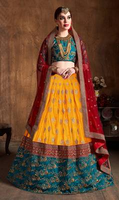 Yellow Embroidered Silk Semi Stitched Lehenga With Dupatta 1