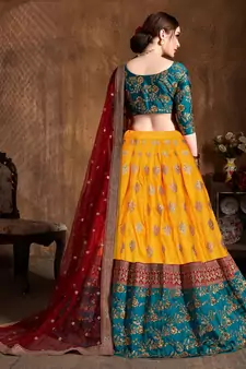 Yellow Embroidered Silk Semi Stitched Lehenga With Dupatta