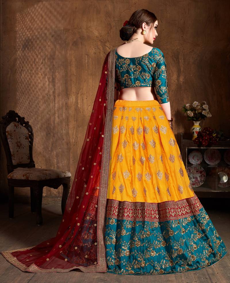 Yellow Embroidered Silk Semi Stitched Lehenga With Dupatta