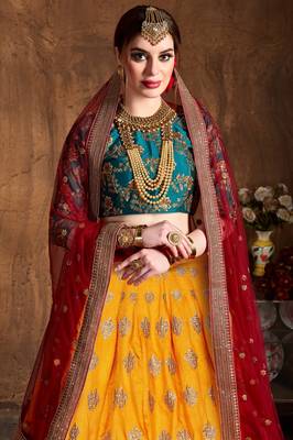 Yellow Embroidered Silk Semi Stitched Lehenga With Dupatta 3