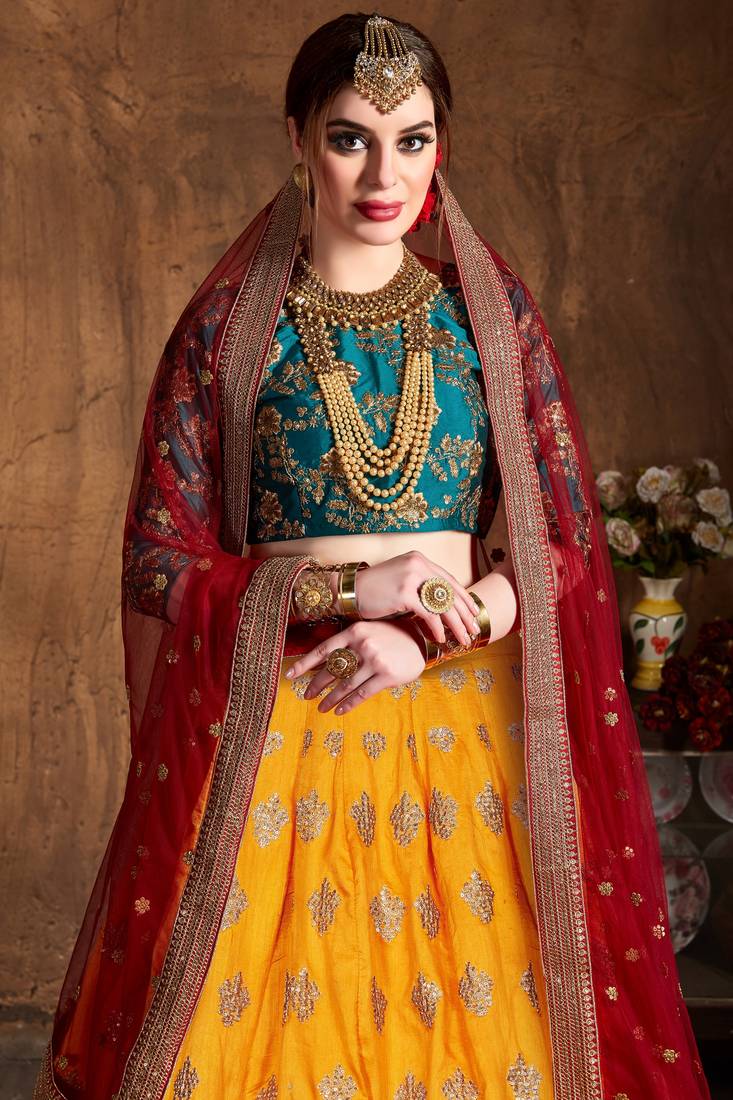 Yellow Embroidered Silk Semi Stitched Lehenga With Dupatta