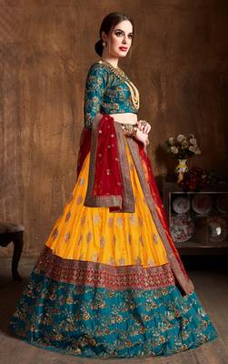 Yellow Embroidered Silk Semi Stitched Lehenga With Dupatta 4