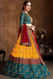 Yellow Embroidered Silk Semi Stitched Lehenga With Dupatta