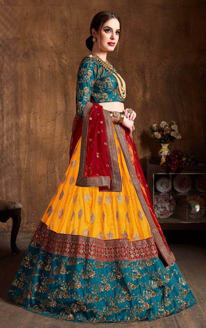 Yellow Embroidered Silk Semi Stitched Lehenga With Dupatta