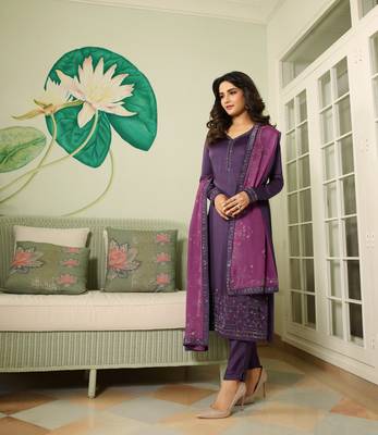 Purple Embroidered Georgette Semi Stitched Salwar With Dupatta 3