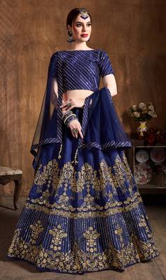 Navy Blue Embroidered Art Silk Semi Stitched Lehenga With Dupatta 1