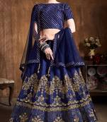 Navy Blue Embroidered Art Silk Semi Stitched Lehenga With Dupatta