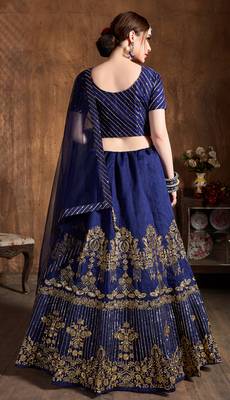 Navy Blue Embroidered Art Silk Semi Stitched Lehenga With Dupatta 2