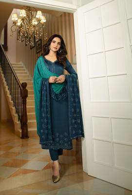 Blue Embroidered Georgette Semi Stitched Salwar With Dupatta 1