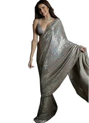 Grey embroidered georgette saree with blouse 1