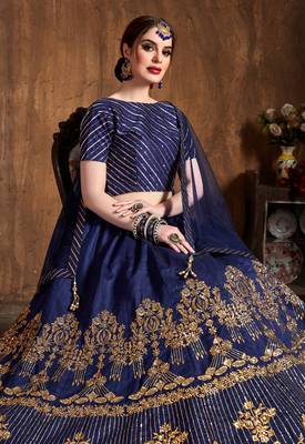 Navy Blue Embroidered Art Silk Semi Stitched Lehenga With Dupatta 3