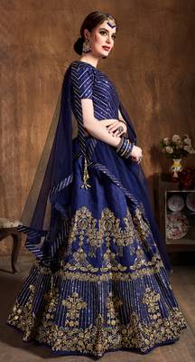 Navy Blue Embroidered Art Silk Semi Stitched Lehenga With Dupatta 4