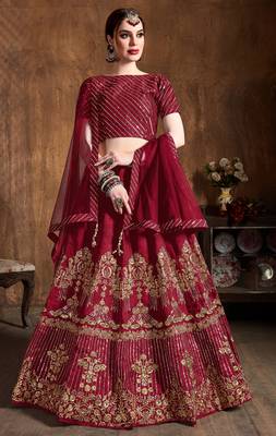 Red Embroidered Art Silk Semi Stitched Lehenga With Dupatta 1
