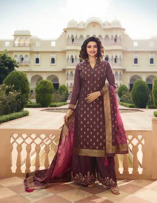 Purple Embroidered Silk Blend Semi Stitched Salwar With Dupatta 1