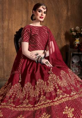 Red Embroidered Art Silk Semi Stitched Lehenga With Dupatta 3