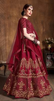 Red Embroidered Art Silk Semi Stitched Lehenga With Dupatta 4
