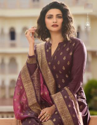 Purple Embroidered Silk Blend Semi Stitched Salwar With Dupatta 2