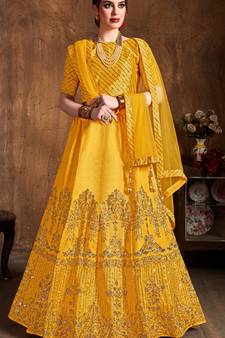 Yellow Embroidered Art Silk Semi Stitched Lehenga With Dupatta