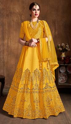Yellow Embroidered Art Silk Semi Stitched Lehenga With Dupatta 1