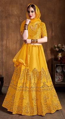 Yellow Embroidered Art Silk Semi Stitched Lehenga With Dupatta 4