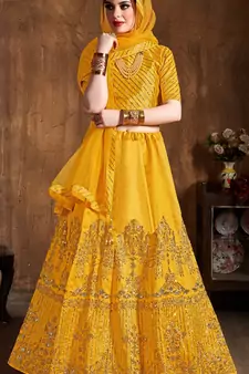Yellow Embroidered Art Silk Semi Stitched Lehenga With Dupatta