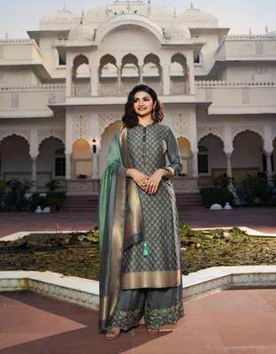 Grey Embroidered Silk Blend Semi Stitched Salwar With Dupatta 1