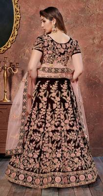 Maroon Thread, Dori & Sequins Embroidered Velvet Semi Stitched Bridal Lehenga 3