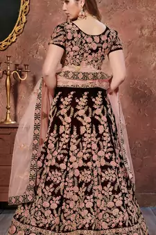 Maroon Thread, Dori & Sequins Embroidered Velvet Semi Stitched Bridal Lehenga
