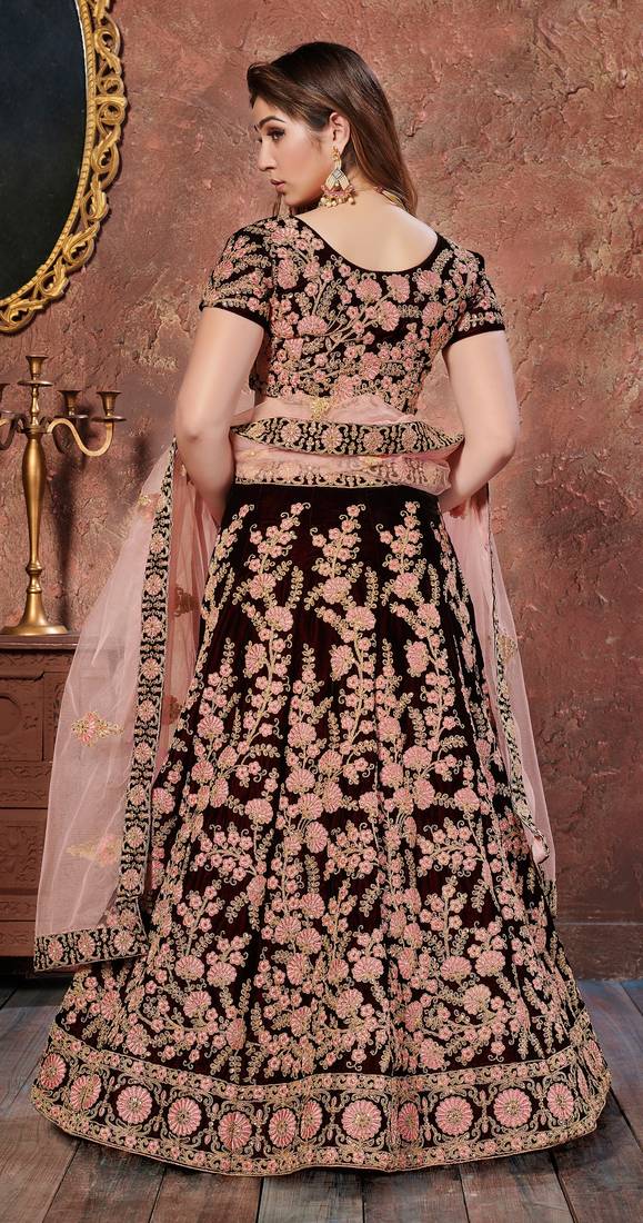 Exquisite Maroon Thread, Dori & Sequins Embroidered Velvet Semi Stitched Bridal Lehenga