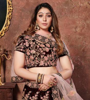 Maroon Thread, Dori & Sequins Embroidered Velvet Semi Stitched Bridal Lehenga 4