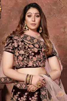 Maroon Thread, Dori & Sequins Embroidered Velvet Semi Stitched Bridal Lehenga