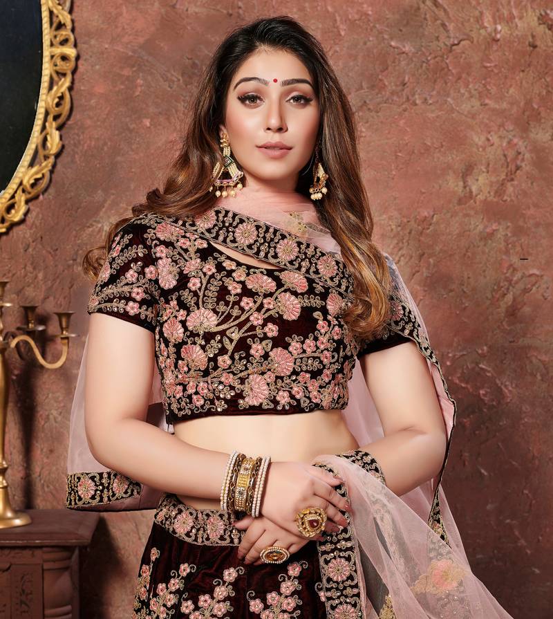 Exquisite Maroon Thread, Dori & Sequins Embroidered Velvet Semi Stitched Bridal Lehenga