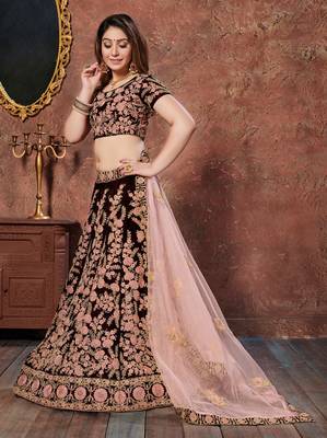 Maroon Thread, Dori & Sequins Embroidered Velvet Semi Stitched Bridal Lehenga 5