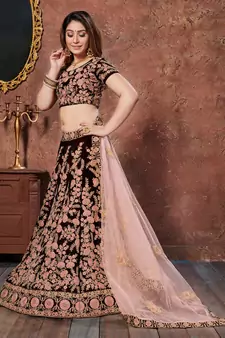 Maroon Thread, Dori & Sequins Embroidered Velvet Semi Stitched Bridal Lehenga