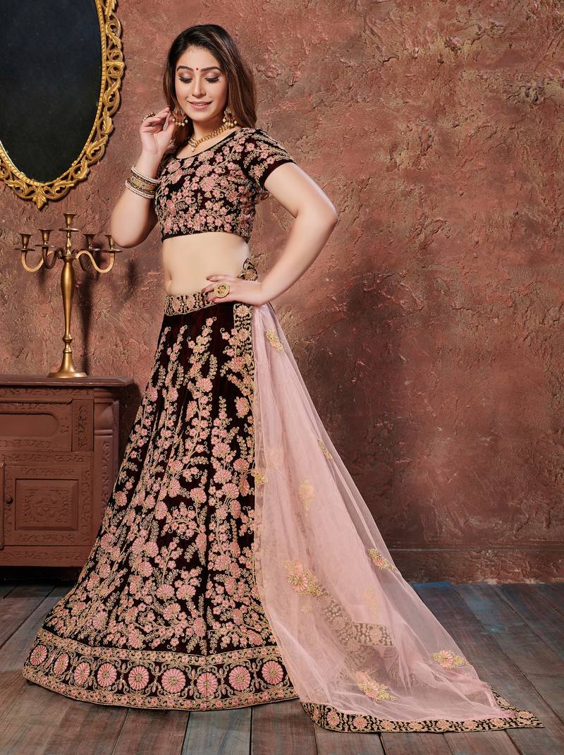 Exquisite Maroon Thread, Dori & Sequins Embroidered Velvet Semi Stitched Bridal Lehenga