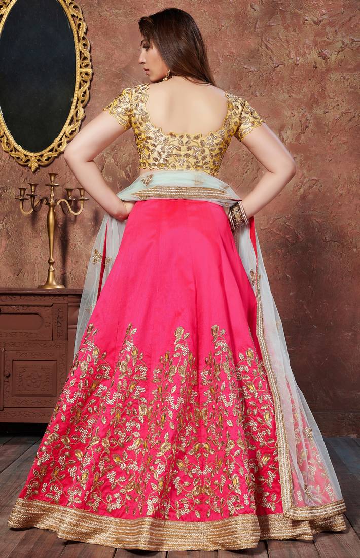 Pink Embroidered Silk Semi Stitched Lehenga With Dupatta