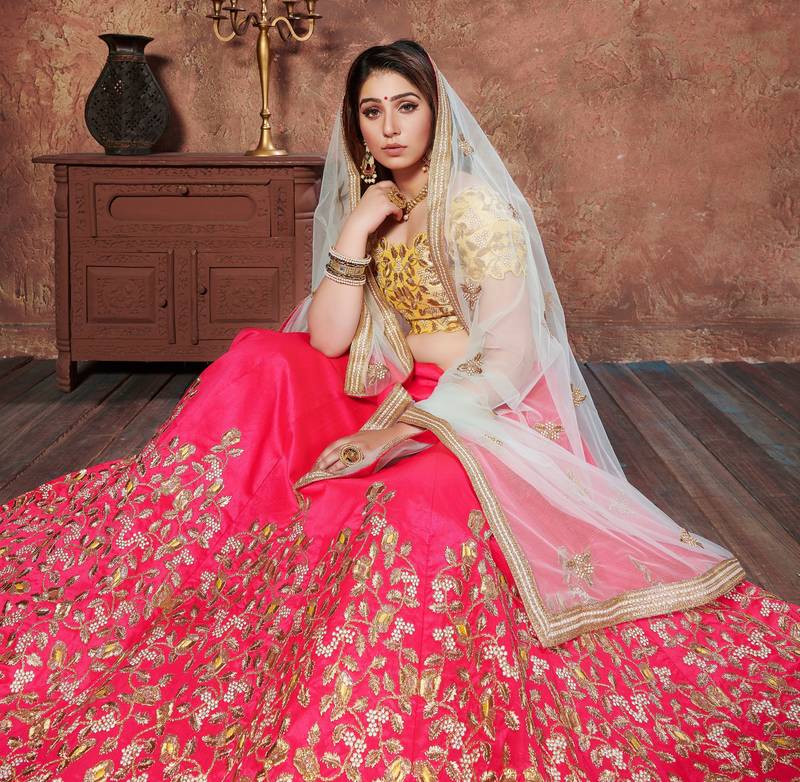 Pink Embroidered Silk Semi Stitched Lehenga With Dupatta