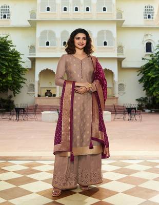 Beige Embroidered Silk Blend Semi Stitched Salwar With Dupatta 1