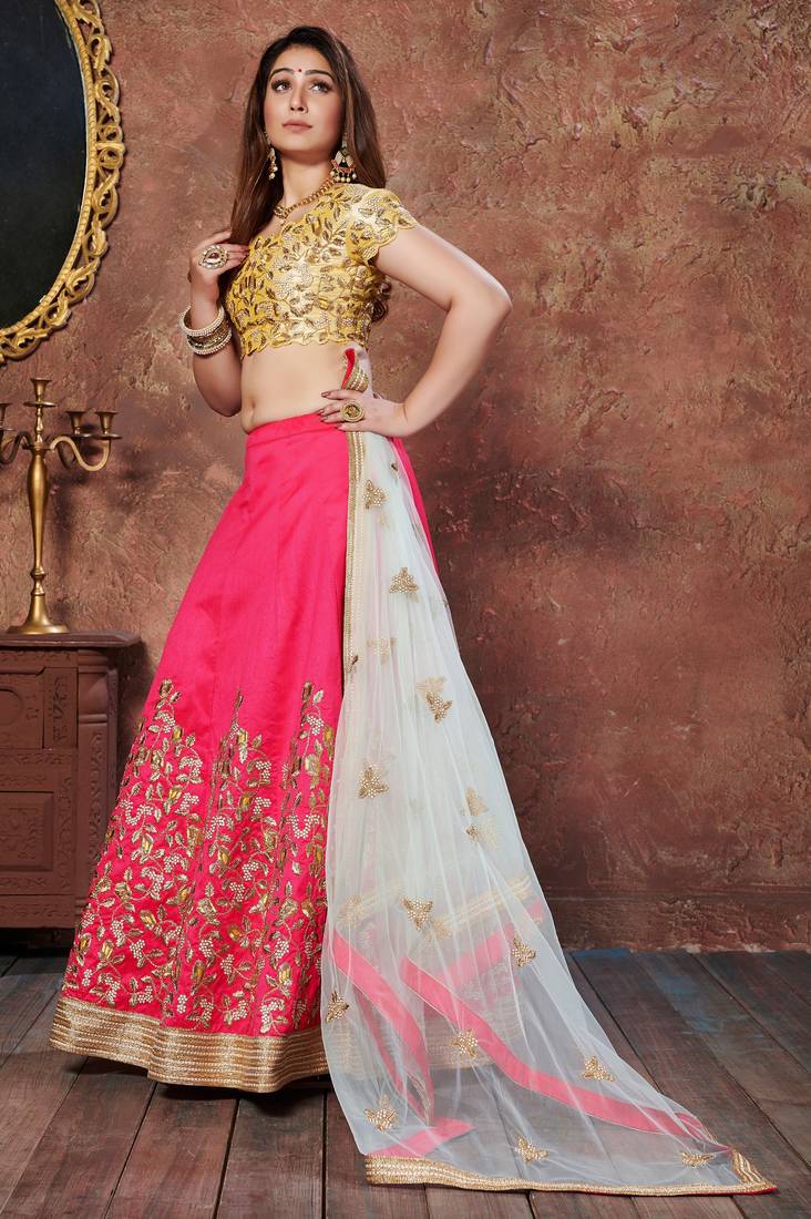 Pink Embroidered Silk Semi Stitched Lehenga With Dupatta